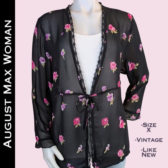 August Max Woman Vintage Sheer Open Blouse Size X Black Pink Floral Rose Lace - Picture 1 of 10